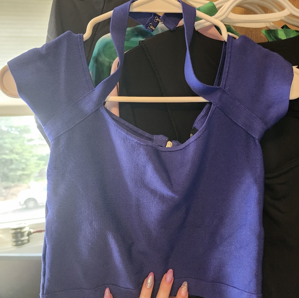 Marciano blue cropped halter/ cap sleeve bodycon top